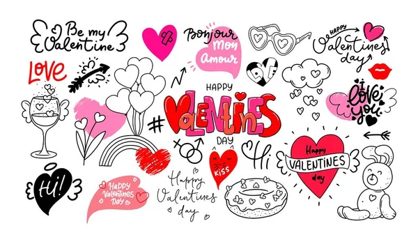 Boldog Valentin-napot firka művészeti gyűjtemény betűk, beszéd buborékok, szív — Stock Vector