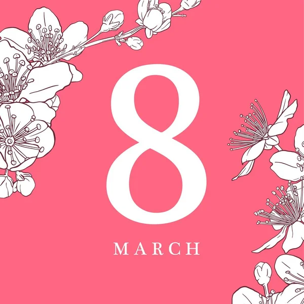8 มีนาคมภาพประกอบ การออกแบบการ์ดอวยพรวันผู้หญิงที่มีดอกซากุระ สาขาซากุระที่มีกลีบ . — ภาพเวกเตอร์สต็อก