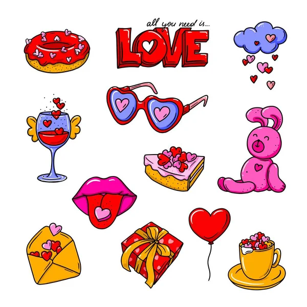 Walentynki kolorowe kolekcja bazgroły. Romantyczne, miłosne elementy do aplikacji, kart, naklejek. — Wektor stockowy