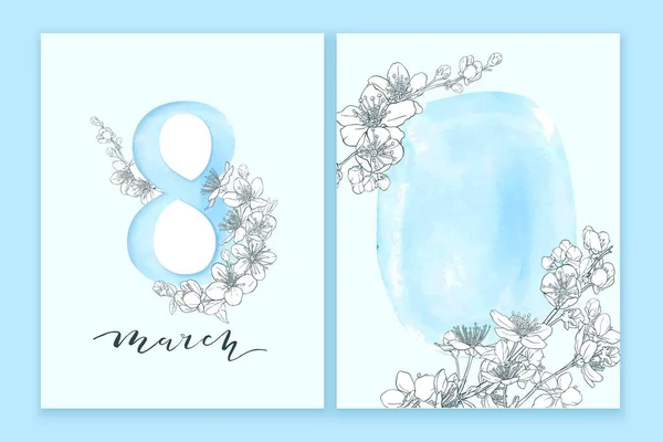 8 ilustração marcha. Projeto do cartão da saudação do dia das mulheres com flores da cereja e lavagem azul da aquarela. —  Vetores de Stock