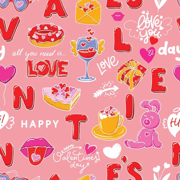 Αγάπη απρόσκοπτη μοτίβο με κόκκινα γράμματα, γλυκά, ντόνατς, καρδιές. Ημέρα του Αγίου Βαλεντίνου ρομαντική — Διανυσματικό Αρχείο