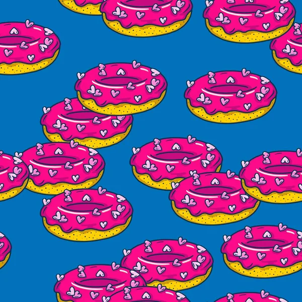 Patrón sin costuras con rosquillas. Estilo doodle colorido fondo sin fin con donuts lindos y corazones. — Vector de stock