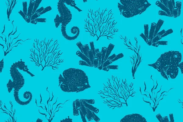 Морський безшовний візерунок. морська мушля, морський коник, корали. Підводні істоти . — стоковий вектор