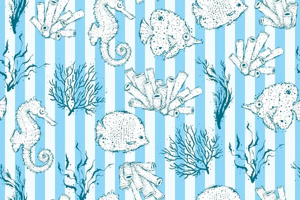 Sea seamless pattern. seashell, seahorse, coral. Underwater creatures. — Stock Vector