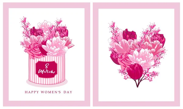 8 Marzo tarjeta de vacaciones con flores y caja de regalo. Ramo de rosas y tulipanes. Composición del arte botánico. — Vector de stock