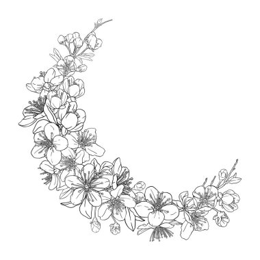 Çiçekli çelenk. Çember, yuvarlak kompozisyon sakura, kiraz, elma çiçekleri.