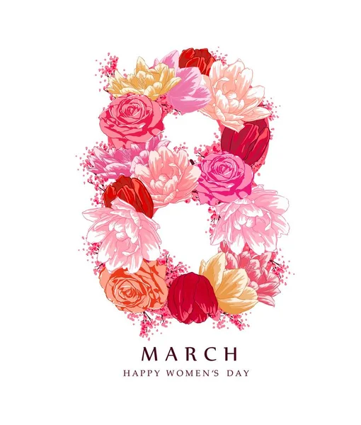 Diseño número 8 con flores. 8 Marzo tarjeta de felicitación, póster, plantilla de pancarta con rosas, tulipanes. — Vector de stock