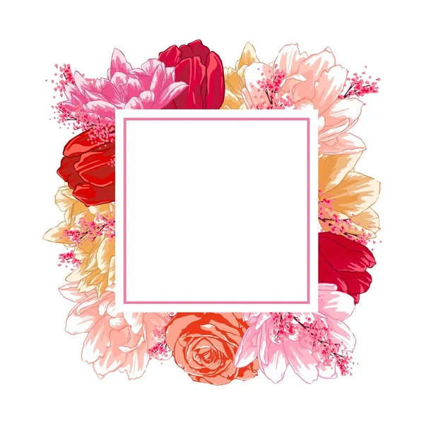 Marco con flores, rosas, tulipanes. Diseño botánico colorido. Elemento para tarjeta, invitación, embalaje, cosméticos, logotipo de marca — Vector de stock