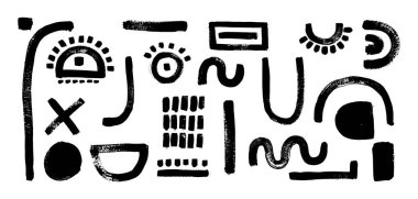 Soyut şekiller seti. Yüz yapıcı unsurlar, gözler, ağız, burun, kulak. Modern sanat karakteri. Fırça darbesi.