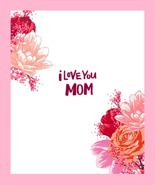 Tarjeta de felicitación Feliz Día de las Madres. Composición con letras y flores, tulipanes, rosas. — Vector de stock