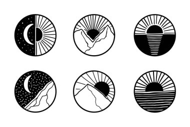 Vector soyut doğa manzaraları. El çizimi dağlar, güneş, ay, deniz, okyanus, tarlalar, duvarlar. Simgeler, logo tasarımı. Marka tarzı kimlik. Dünya manzaraları, gün batımı, gün doğumu.