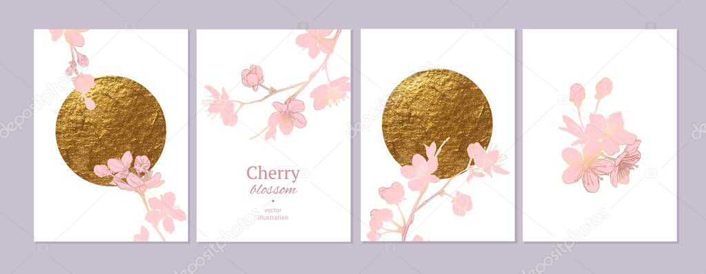 Set of spring backgrouds with sakura branch and golden circle, sun. Cherry blossoms.