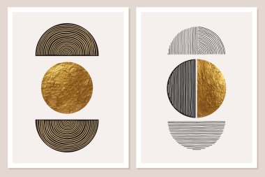 Soyut minimalist duvar kompozisyonu bej, gri, beyaz, siyah renkler. Basit bir çizgi tarzı. Altın geometrik şekiller, daireler, gökkuşağı.