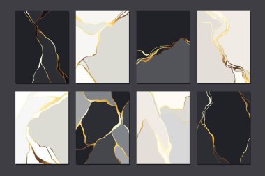 Black and white, grey abstract marble stone design, minimal kintsugi art style. Golden luxury crack ground, abstract landscape. Patterns, covers, logo, branding template. clipart