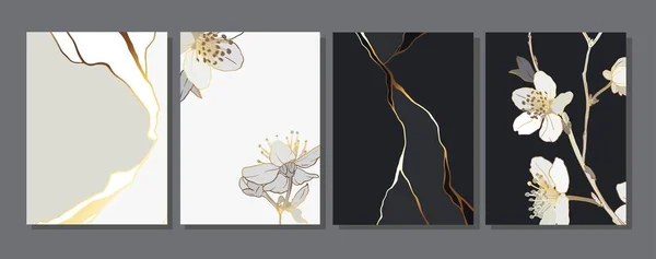 黒と白 灰色の抽象的な大理石の石のデザイン 最小限の金継ぎアートスタイル 黄金の豪華な亀裂の地面 抽象的な風景 カード 桜のパンフレット — ストックベクタ