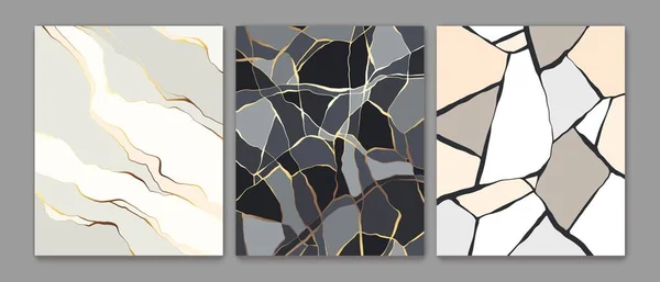 黒と白 灰色の抽象的な大理石の石のデザイン 最小限の金継ぎアートスタイル 贅沢な亀裂の地面 抽象的な風景 パターン カバー ブランディングテンプレート — ストックベクタ