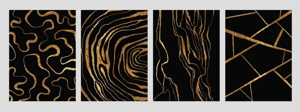 Gouden glitter en zwarte abstracte marmeren steen, houtontwerp, natuurlijke textuur, golven, krullen, geodes. Luxe inkt, vloeibare vlekken, abstracte patronen voor covers, merksjabloon. — Stockvector