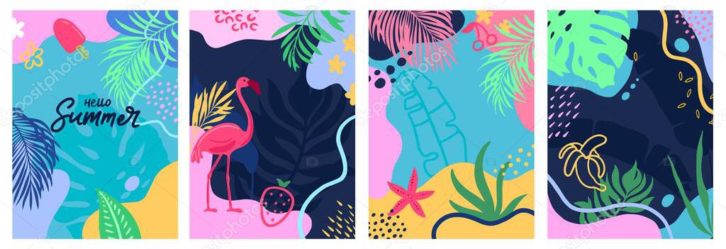 Hello summer set of abstract background designs. Summer social media, sale, brochure, flyer, promotion concept.