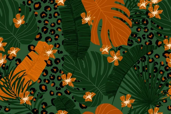 Modern egzotikus, zökkenőmentes minta. Leopárdszőrme, trópusi levelek, virágok. Pálmalevél. — Stock Vector