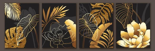 高級植物画の背景。熱帯の葉、花金の壁紙。現代的なシックな壁画デザイン — ストックベクタ