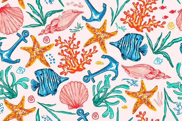 Sömlöst mönster med havsdjur. Ändlösa undervattensliv bakgrund. Fisk, skaldjur, koraller, sjöstjärnor. — Stock vektor