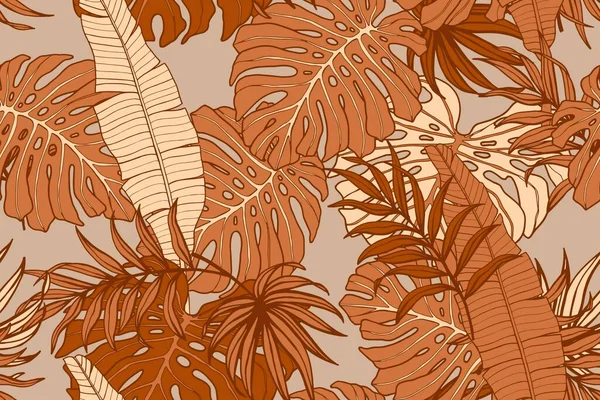 現代のエキゾチックなシームレスなパターン 熱帯の葉 ヤシの葉 豪華なファッション生地 壁紙のための印刷 手描きのコラージュスタイル 暖かい土色 — ストックベクタ