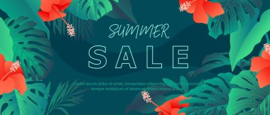 Renkli egzotik, tropik arka plan canavar, palmiye yaprakları, amber çiçekleri, soyut şekiller.