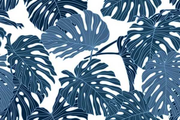 Seamless Blue Monstera Pattern Jungle Print Design Fabric Wallpaper Endless — Stock Vector