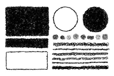 El çizimi, karalama tasarım elementleri, çerçeveler, vuruşlar, çizgiler. Kıvırcık grunge kirli, dağınık doku. Mesaj için yer. Vektör pulları, fırçalar.