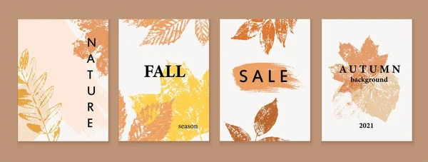 Sada podzimních pozadí, karty, nákupní transparenty. Grunge textura barevné listy. Přírodní ekodesign. — Stockový vektor
