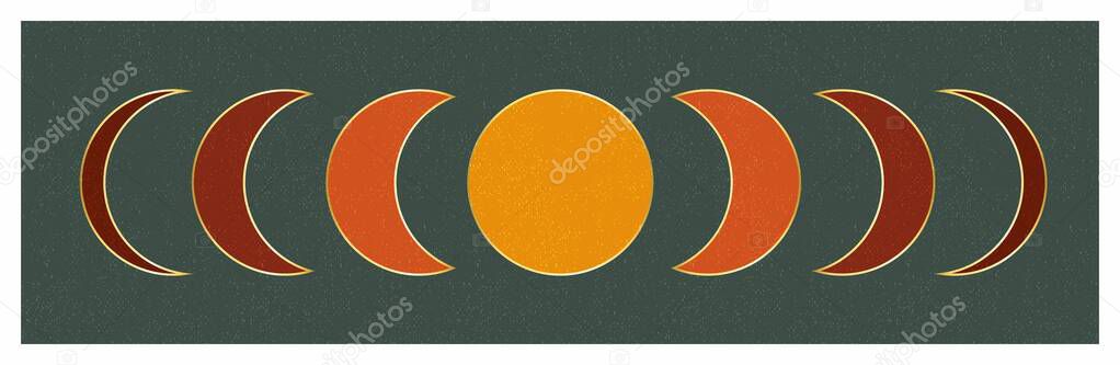 Moon phases. Art balance composition with colorful moon. Canvas texture imitation.