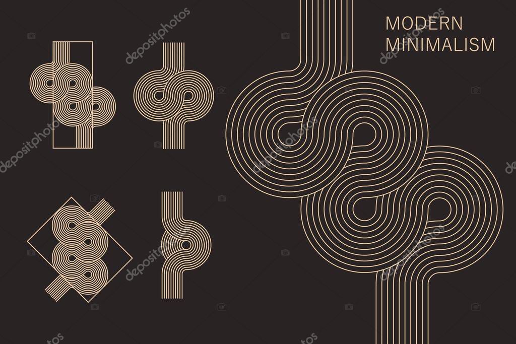 Set of line art design elements. Knot, arch, wave. Mid century, boho abstract compositions. Optical illusion shapes. Logo, branding, packaging concept.