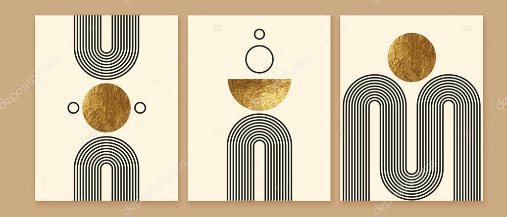 Set of modern minimalist mid century style abstract backgrounds. Wall art prints design. Simple geometric shapes. Boho line arch, golden textured circle, sun, moon, rainbow. Balance composition.