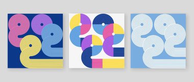 2022 serisi sanat tasarımı. Retro, 70 'lerin stil numaraları. Takvim kartı, broşür ve kapak için Mutlu Yeni Yıl tasarım ögesi.