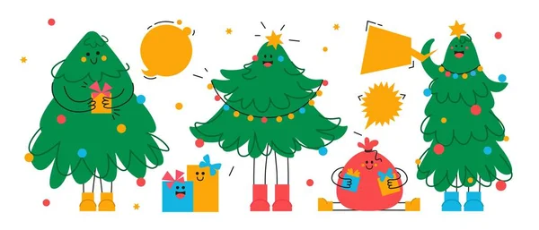 Arbres Noël Avec Visages Jambes Mains Cadeaux Guirlandes Lumières Des — Image vectorielle