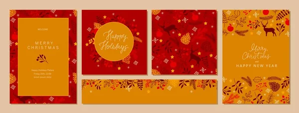 Веселого Різдва Новорічною Колекцією Листівок Флорал Ботанічний Дизайн Оленем Зимовими — стоковий вектор