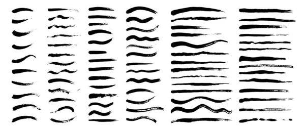 Set vettoriale di pennellate artistiche grunge, pennelli. Elementi di design creativo. Linee nere lunghe, corte e bordate. — Vettoriale Stock