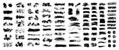 Vektör siyah boya, mürekkep fırçası darbeleri, fırçalar, çizgiler ya da dokular. Kirli sanatsal tasarım elementleri, boyalar, dağınık noktalar, bukleler.