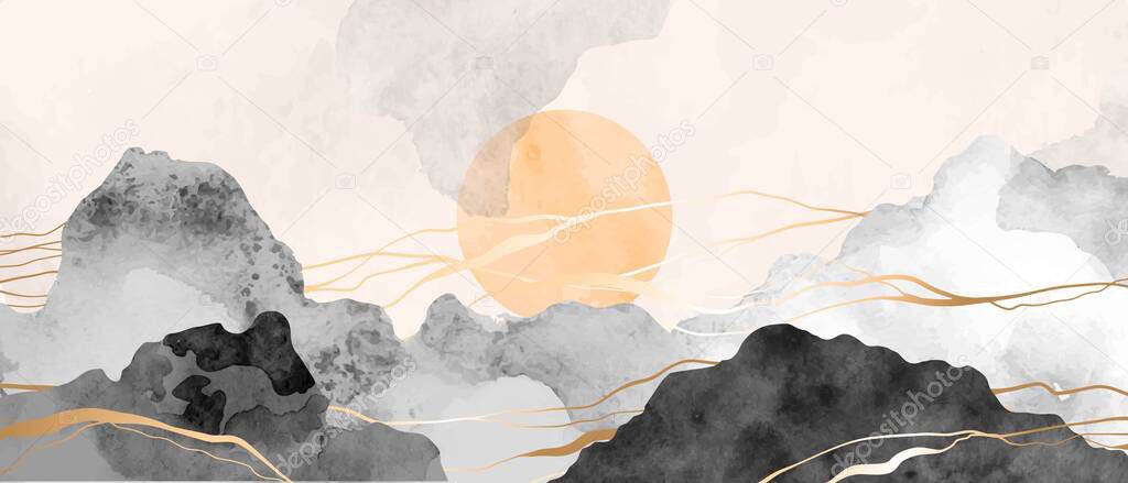 Mountain, hills, sun, clouds abstract art vector. Luxury oriental style pink, blush, black, grey colors watercolor. Golden marble line art. Design for wallpaper, prints, wall art, wedding card, cover