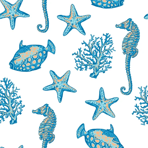 Seamless pattern with starfish, coral, fish, seahorse. Hand draw Stock Vector