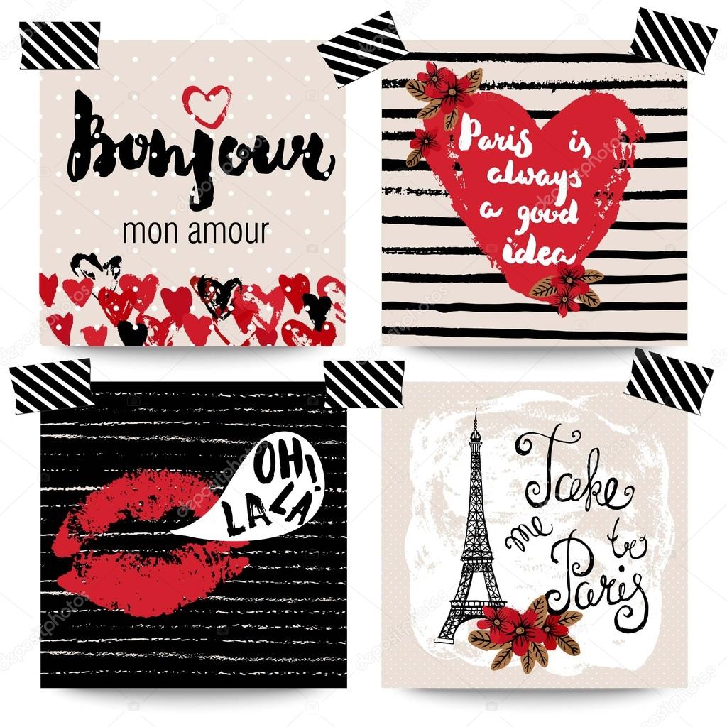 Collection of stylish hand drawn typography cards. Paris, France.