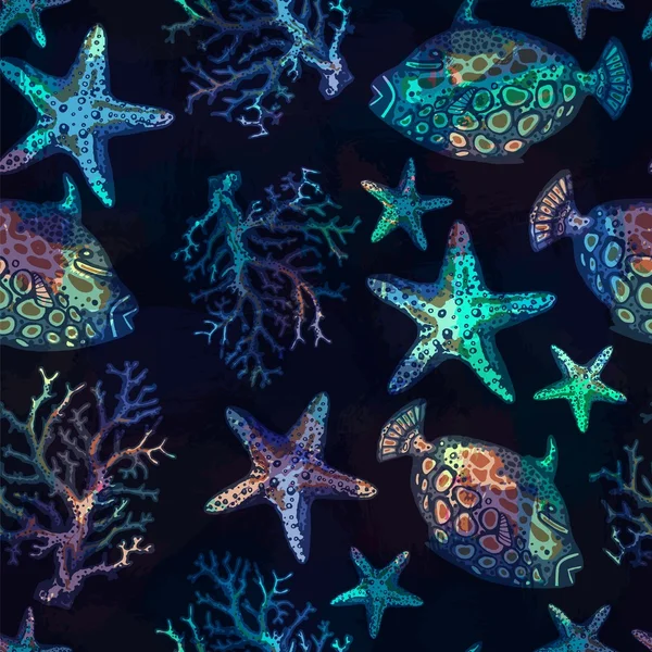 Exotische vissen, koralen en zeesterren kleurrijke naadloze patroon. — Stockvector