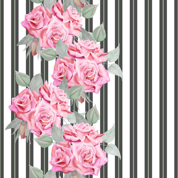 Watercolor red roses seamless pattern with stripes.