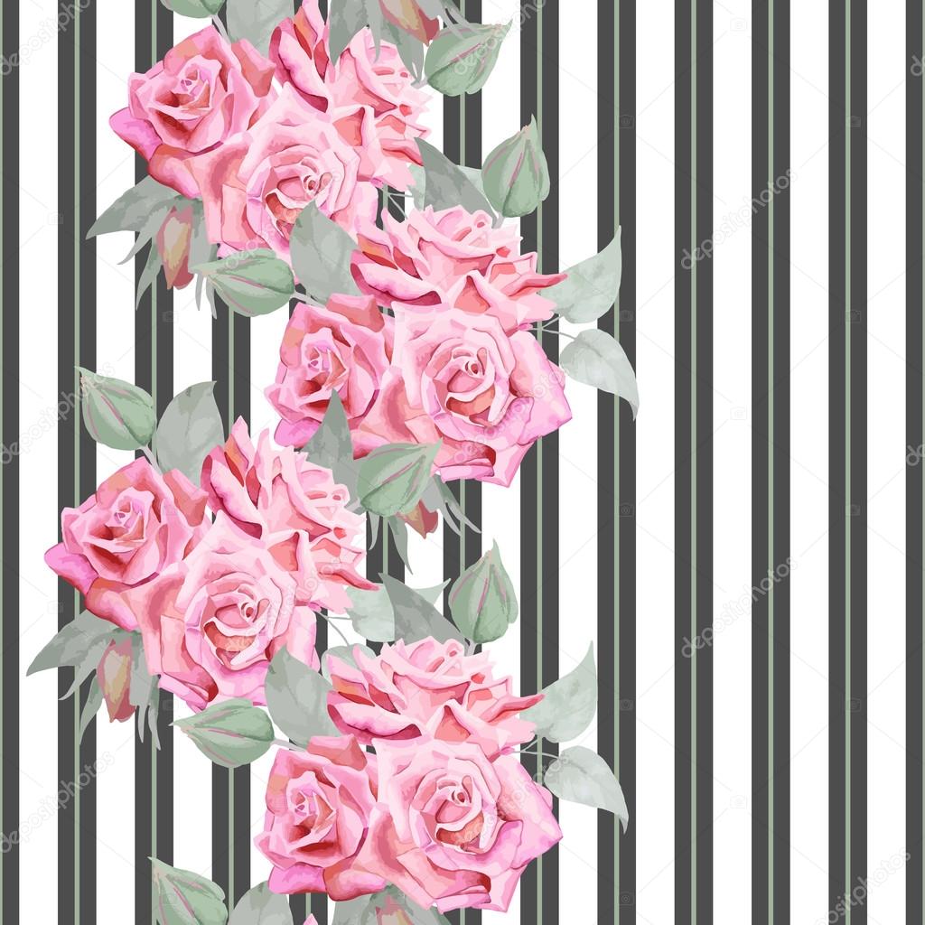 Watercolor red roses seamless pattern with stripes.