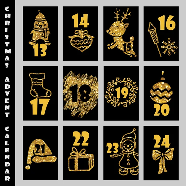 Adventskalender mit Goldglitzertextur. Countdown zu Weihnachten. — Stockvektor