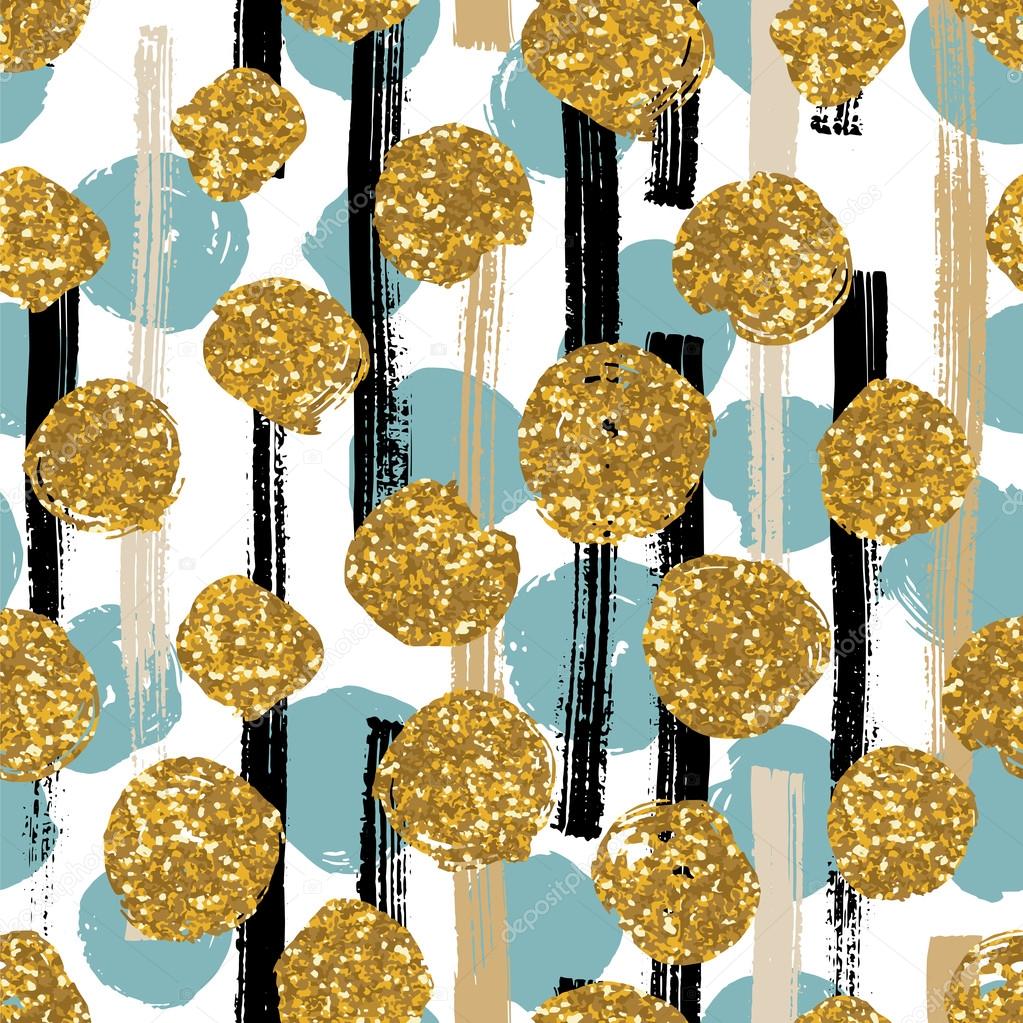 Hand drawn painted seamless geometric pattern with golden glitter dots.