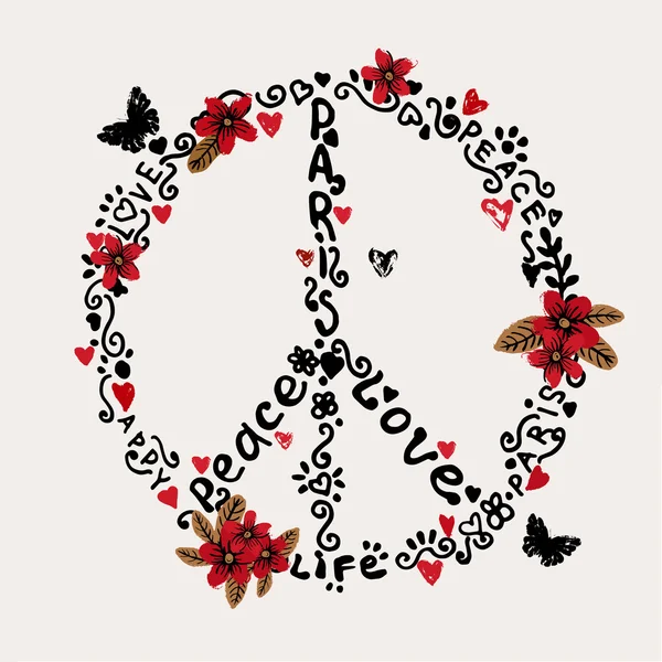 Freehand Peace, Amor, París ilustración con flores . — Vector de stock