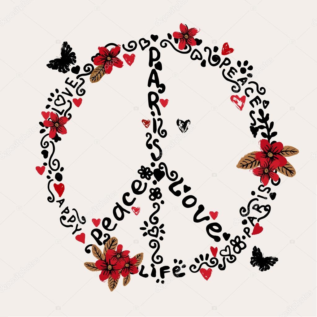 Freehand Peace, Love, Paris illustration with flowers.