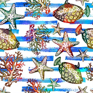 deniz balık, mercan ve deniz yıldızı desen