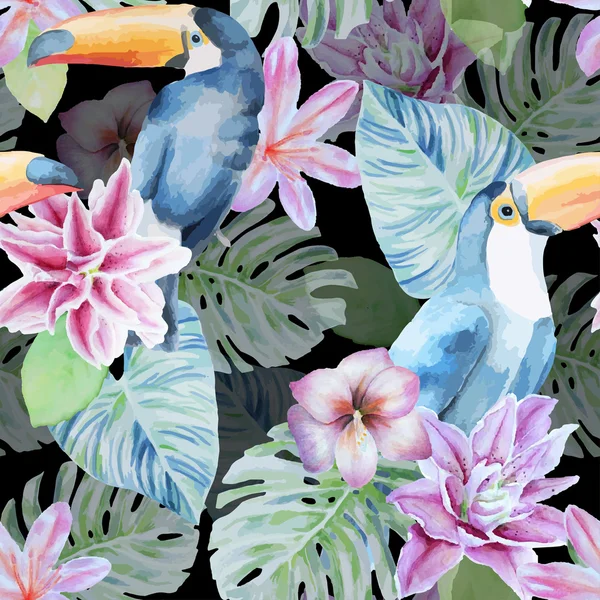 Oiseaux toucans avec fleurs et feuilles . — Image vectorielle